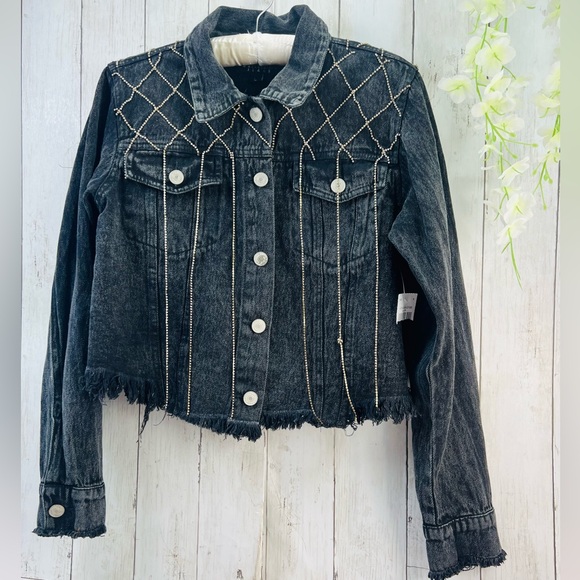 Thrill Jeans Y2K Women's Dark Gray Rhinestone Tassels Cropped Denim Jacket Large - Picture 3 of 15